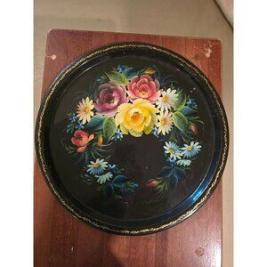 VTG Floral Toleware Russian Metal Round Tray Stamped Hand Painted Gold Trim 14"